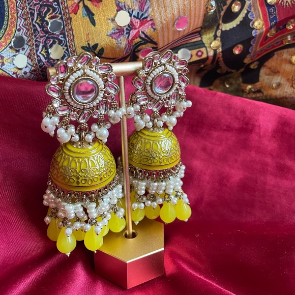 Yellow Heavy Jhumka - Picture 6 of 8